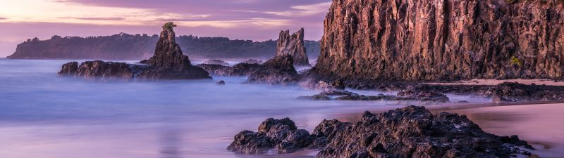 Cathedral Rocks, Australia, Volcanic Sea Stack, Rock formations, Rocky coast, Sunrise, Cliff, Landscape, Tourist attraction, Purple sky, Long exposure, 5K