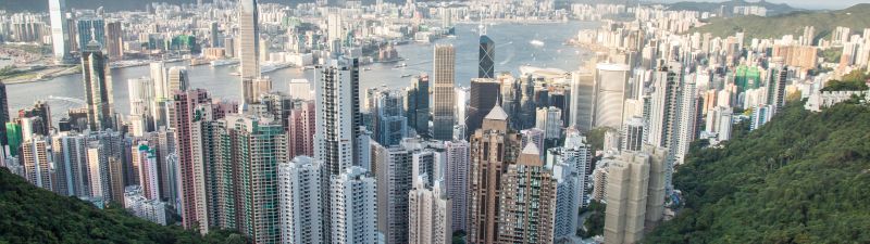 Hong Kong City, Victoria Peak, Skyline, Cityscape, Daytime, Aerial view, Skyscrapers, Clouds, Harbor