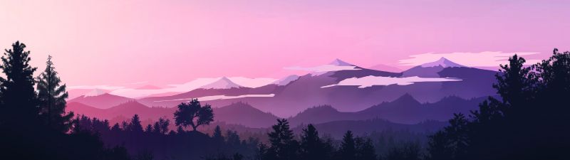 Moon, Evening sky, Mountains, Forest, Silhouette, Pink sky