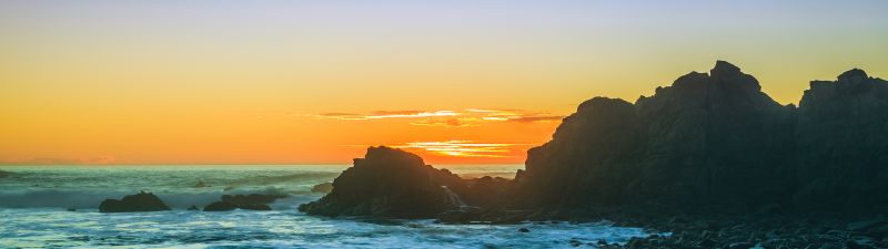 Cape Arago, Sunset, Rocky coast, Seascape, Waves, Horizon, Orange sky, Landscape