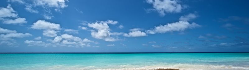 Beach, Seascape, Turquoise water, Ocean blue, Waves, Horizon, Clouds, Blue Sky, Calm, Landscape, Scenery, 5K