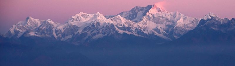 Kangchenjunga, Mountain range, Himalayas, Snow covered, Mountain range, Glacier mountains, Purple sky, Darjeeling, Landscape, Peaks, Sunrise, Alpenglow