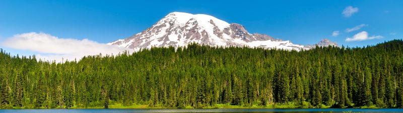 Mount Rainier, Volcano, Seattle, Washington, USA, Landscape, Blue Sky, Reflection, Green Trees, Scenery, Lake, Mountain Peak, Snow covered