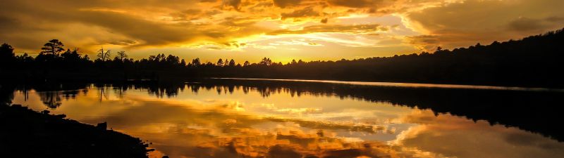 Kaibab Lake, Arizona, United States, Silhouette, Sunset, Cloudy Sky, Body of Water, Reflection, Landscape, Yellow