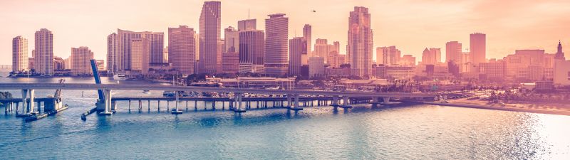 Miami Downtown, Florida, Acosta Bridge, City Skyline, Cityscape, Skyscrapers, Body of Water, Sunset, Pink sky, 5K