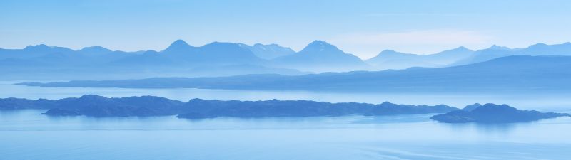 Isle of Skye, Scotland, Island, Mountain range, Wester Ross, Sound of Raasay, Foggy, Blue Sky, Panorama, Landscape, Scenery, 5K