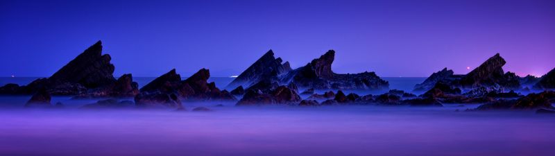 Rocky coast, Aesthetic, Seascape, Purple sky, Landscape, Dusk, Long exposure, Scenic, 5K, 8K