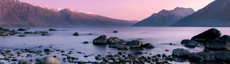 Mountain range, Dusk, Body of Water, Landscape, Long exposure, Rocks, Lake, Pink sky, 5K
