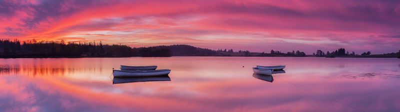 Loch Lomond, The Trossachs National Park, Mirror Lake, Sunrise, Boats, Body of Water, Landscape, Scenic, Purple sky, Long exposure, 5K