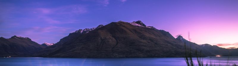 Lake Wakatipu, New Zealand, Mountain, Stars, Sunset, Dusk, Purple sky, Landscape, 5K