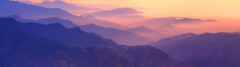 Mountain range, Aesthetic, Sunset, Purple sky, Foggy, Clouds, Landscape, Aerial view