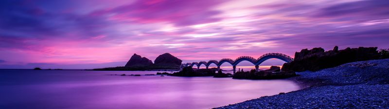 Sanxiantai Bridge, Taiwan, Landscape, Dawn, Purple sky, Clouds, Long exposure, Seascape, Shore, Scenic, 5K, 8K