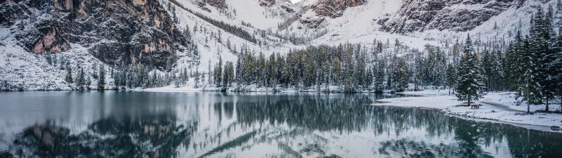 Pragser Wildsee, Snow covered, Italy, Glacier mountains, Reflection, Mirror Lake, Landscape, Peaks, Mountain range, Winter, 5K, 8K