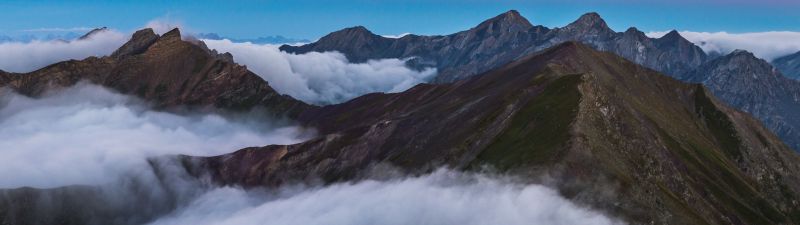 Mountain range, Sunrise, Mountain Peaks, Davos, Switzerland, White Clouds, Aerial view, Beautiful, 5K