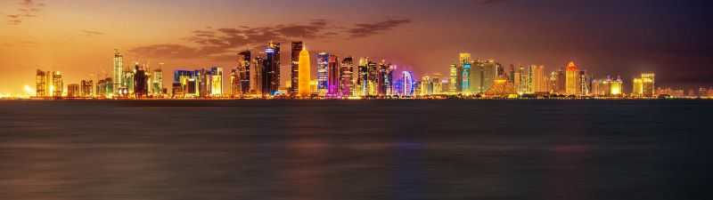 Doha City, Qatar, Skyline, Cityscape, Night time, City lights, Long exposure, Body of Water, Landscape, Skyscrapers, Beautiful