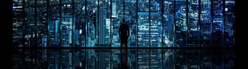 Gotham, Cityscape, City lights, Standing, Man, Reflection, Pattern, Skyscrapers, Night time, New York City