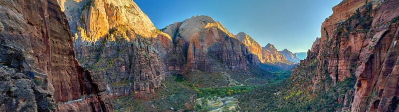Angel's Landing, Utah, Zion National Park, Rock formations, Famous Place, Tourist attraction, Mountains, Valley, Landscape, Cliffs, Blue Sky
