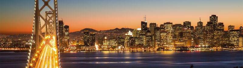 Oakland Bay Bridge, Illuminated, San Francisco, Cityscape, City lights, Landmark, California, Long exposure, Dusk, Body of Water, Clear sky, Skyscrapers, City Skyline