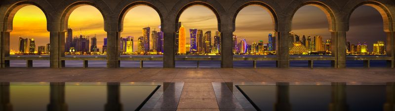 Museum of Islamic Art, Doha, Qatar, Arches, City lights, Long exposure, City Skyline, Skyscrapers, HDR, Pattern