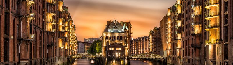 Hamburg architecture, Germany, City lights, Sunset, Long exposure, Body of Water, Reflection, Warehouse district, Castle