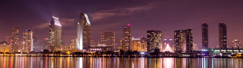 San Diego City, Skyline, Cityscape, City lights, Night time, Body of Water, Reflection, Long exposure, Skyscrapers, California, Purple sky