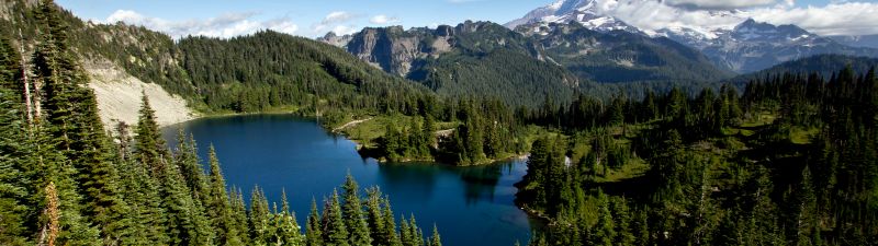 Mount Rainier, Eunice Lake, Landscape, Blue Sky, Glacier mountains, Snow covered, Green Trees, Clear sky