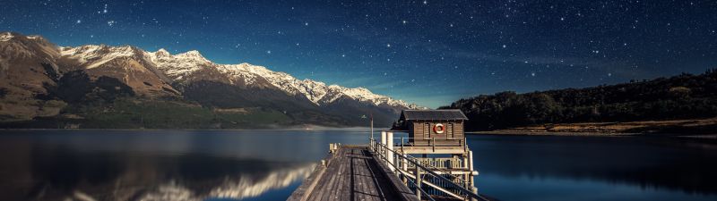 Lake Wakatipu, Pier, New Zealand, Mountain range, Snow covered, Reflection, Glacier mountains, Wooden House, Starry sky, Landscape, Scenery