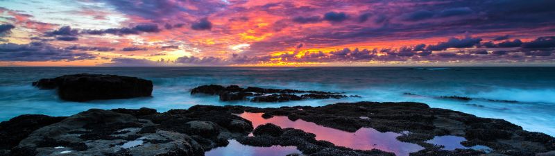 Rocky coast, Cape Arago, Sunset, Seascape, Long exposure, Sea waves, Cloudy Sky, Evening, Landscape, Scenery, Horizon, 5K