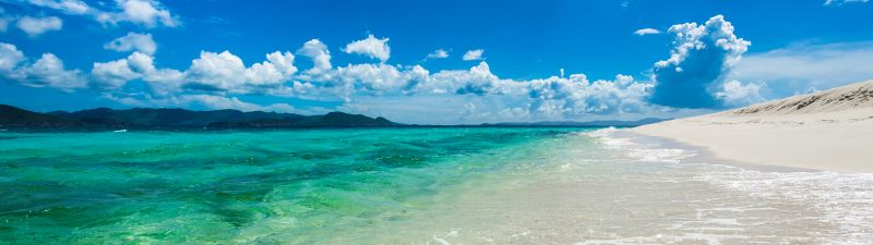 Sandy Cay Island, British Virgin Islands, Caribbean Sea, Seascape, Clouds, Blue Sky, Landscape, Tropical beach, Clear water, Horizon, 5K