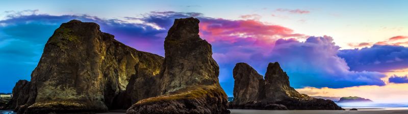 Bandon Beach, Sea stacks, Beach, Rocky coast, Cloudy Sky, Sunset, Beautiful, Landscape, 5K