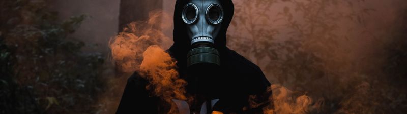 Man in Mask, Black Jacket, Smoke can, Dark background, Orange Smoke, 5K