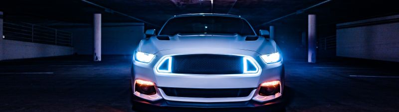 2016 Ford Mustang GT, White cars, Sports cars, Custom tuning, Basement, Headlights, 5K