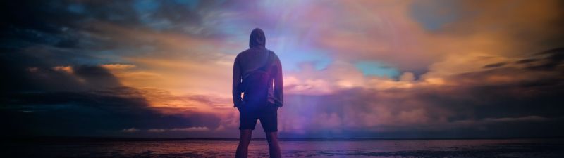 Standing Man, Beach, Body of Water, Planet Earth, Silhouette, Cloudy Sky, Outdoor, Dusk, Sunrise, Reflection, 5K