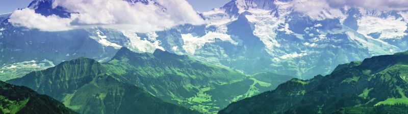 Jungfrau peak, Eiger, Monch, Bernese Alps, Switzerland, Summit, Landscape, Glacier mountains, Snow covered, Green, Clouds