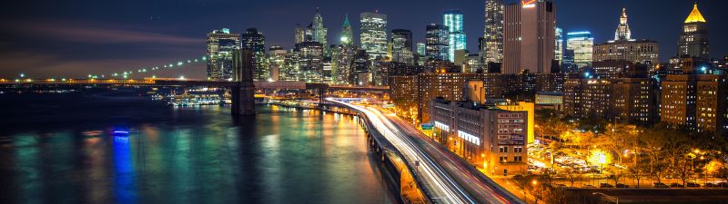 Manhattan Skyline, Night City, Cityscape, Brooklyn Bridge, City lights, New York, Light trails, Long exposure, Stars, Night sky, Skyscrapers, Body of Water