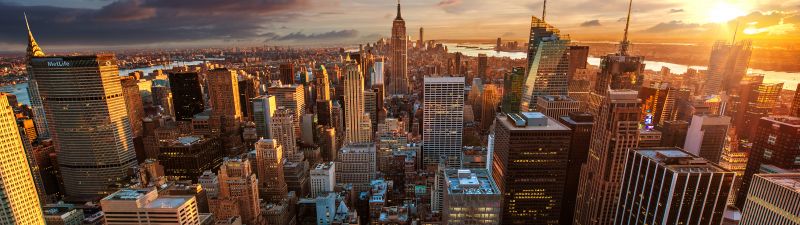 New York City, Evening sky, Aerial view, Cityscape, Skyline, Sunset, Landmark, Skyscrapers, Cloudy Sky, Sunlight