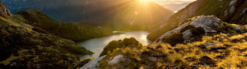 Fiordland, New Zealand, Sunrise, Mountain View, Mountain range, Landscape, Clouds, Sun rays, Northwest Lakes