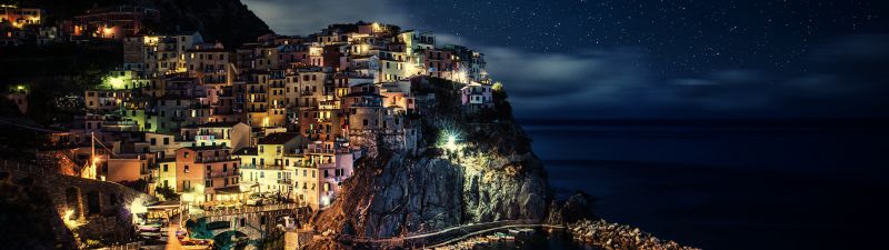 Manarola, Town, Cinque Terre, Night time, Seascape, Starry sky, Boats, Long exposure, Tourist attraction