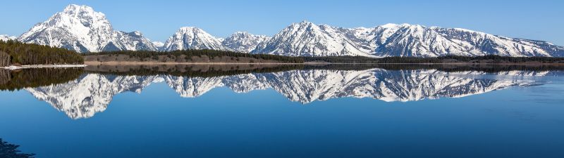 Grand Teton National Park, Wyoming, Landscape, Mirror Lake, Reflection, Blue Sky, Body of Water, Glacier mountains, Snow covered, Scenery