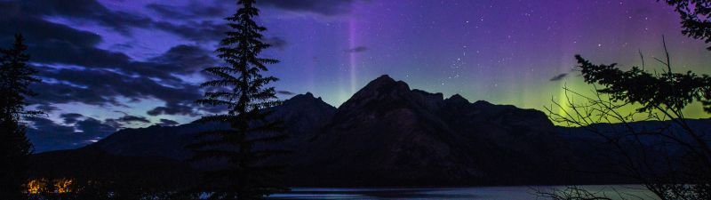 Lake Minnewanka, Aurora Borealis, Banff National Park, Alberta, Canada, Landscape, Dusk, Night time, Starry sky, Clouds