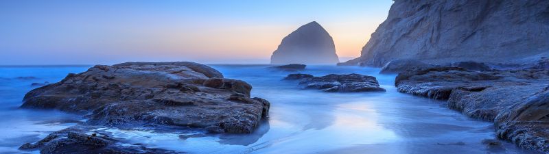 Haystack Rock, Sunset, Oregon, Rocky coast, Cliff, Seascape, Horizon, Landscape, Cannon Beach, Long exposure, Clear sky