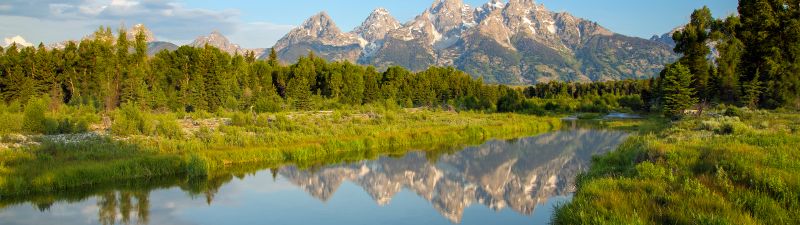 Teton Range, Rocky Mountains, Wyoming, USA, Mirror Lake, Reflection, Beaver ponds, Clouds, Blue Sky, Clear sky, Green Trees, Landscape, Scenery