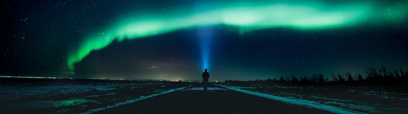 Aurora Borealis, Night time, Northern Lights, Standing Man, Light beam, Country road, Stars, Landscape, Horizon, Polar Lights