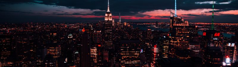 Rockefeller Center, New York, United States of America, Cityscape, Skyline, City lights, Night time, Cloudy Sky, Aerial view, Skyscrapers, 5K, 8K