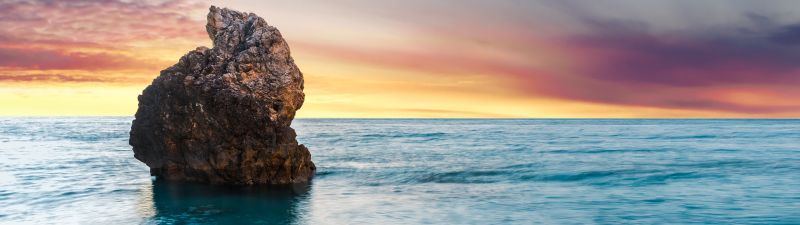 Lefkada Island, Greece, Milos Beach, Sunset, Seascape, Lone rock, Orange sky, Horizon, Long exposure, Scenery