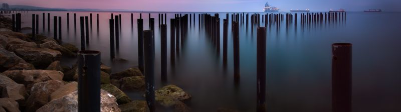 Rocky coast, Sunrise, Early Morning, Seascape, Long exposure, Horizon, Pattern, Boats, Body of Water