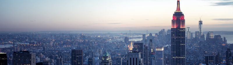 New York City, Sunset, Cityscape, City Skyline, Dusk, Skyscrapers, Aerial view, City lights