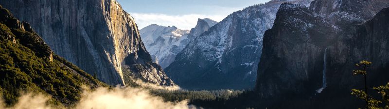 Yosemite National Park, California, Valley, Landscape, Misty, Mountains, Cliffs, Clear sky, Tourist attraction, Forest, Green Trees, Morning light, Snow covered