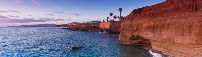 Sunset Cliffs, Seascape, Rocky coast, Ocean view, Clear sky, Dusk, Scenic