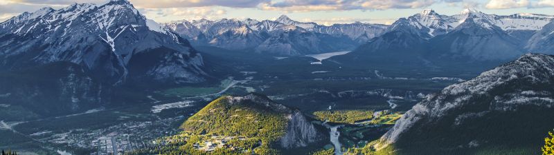 Banff Town, Alberta, Canada, Landscape, Valley, Scenery, Mountain range, Glacier mountains, Snow covered, Cloudy Sky